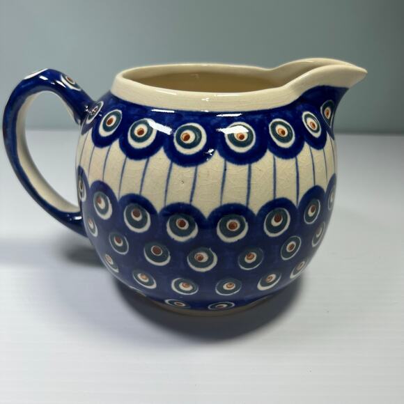 Boleslawiec Polish Pottery Blue Peacock Pitcher 36 Oz Blue Dot Swirl - Picture 3 of 9
